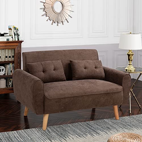 Shintenchi 47" Loveseat Wood Sofa, Brown, Easy Assembly, Comfortable Cushions 5