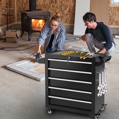 Barphygo Rolling Tool Chest 5-Drawers, Metal Tool Box with Wheels Garage Storage Cabinets with Lock Tools Drawer Organization Workbench Toolbox for Warehouse, Workshop & Repair Shop 6