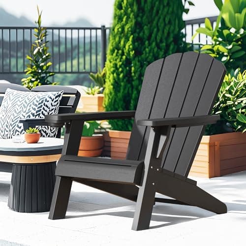 NUNU LAB Oversized Adirondack Chair Weather Resistant with Cup Holder, Black Outdoor Patio Chair, HDPE Adirondack Chairs for Patio, Law, Garden, Camping - Easy Installation
