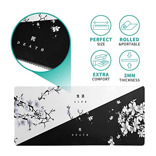 Black and White Japanese Cherry Blossom Gaming Mouse Pad Sakura Death Life Flower Mat 31.5x11.8 Inch Texture Non-Slip Rubber Base Mousepad Stitched Edges Keyboard Desk Pad for Office Home Game 5