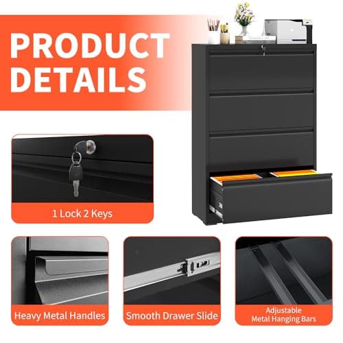 DARTIIA 4 Drawer Lateral File Cabinet with Lock, Metal Filing Cabinets for Home Office, Steel Storage Wide File Cabinet for Letter/Legal/F4/A4 Size with Hanging Bars, Require Assembly(Black) 6