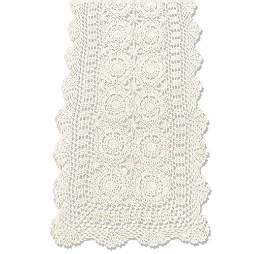 KEPSWET Cotton Handmade Crochet Lace Table Runner Beige Rectangle Coffee Table Dresser Decor (14x36 inch)