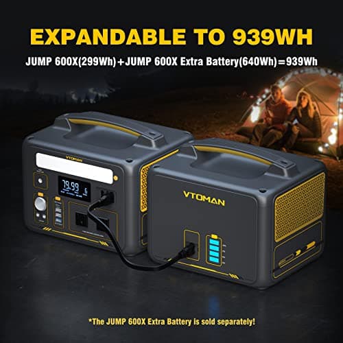 VTOMAN Jump 600X Portable Power Station 600W, 299Wh Solar Generator LiFePO4 Battery Power Station with Jump Start for Car, 1200W AC Outlet, PD 60W USB-C, 3x Regulated 12V/10A DC for Camping, RV Travel 9