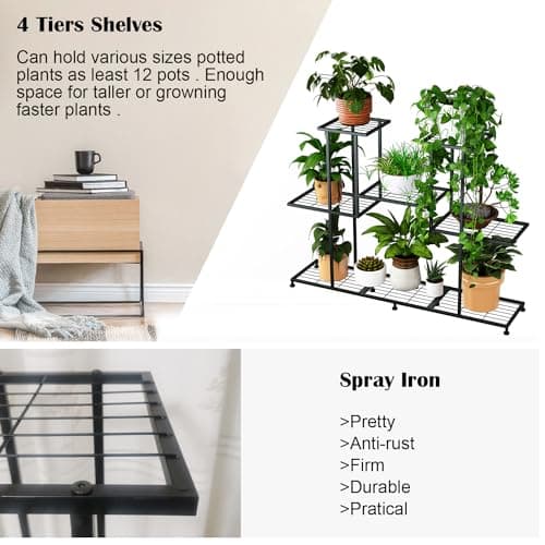 Twhep Metal Plant Stand, 5 Tiers Multifunctional Plant Stands for Indoor Plants, Decorative Black Steel Plant Shelf for Indoor Patio Garden Balcony and Yard (4 tiers 12 pots) 6