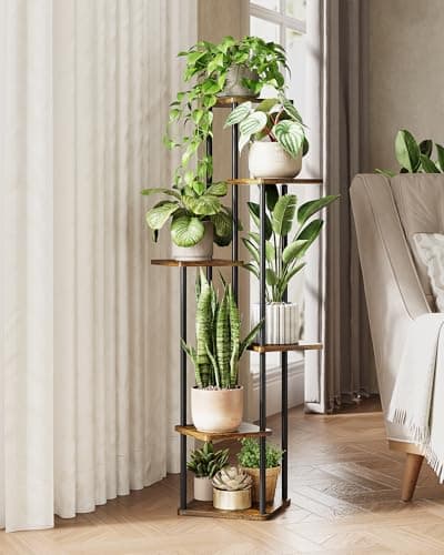 GENTINGBRO Corner Plant Stand Indoor 6 Tiered Tall Plant Stand Plant Shelf for Multiple Plants Coner Shelf Wood Plant Stands Metal Shelving for Living Room Bedroom Balcony Patio Brown Oak 6