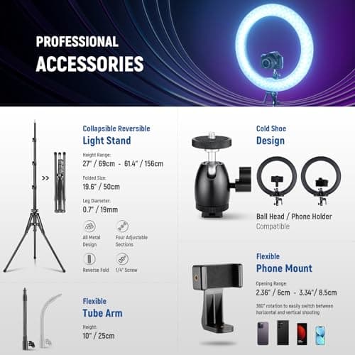 NEEWER 18 Inch RGB LED Ring Light APP Control with Tripod Stand and Phone HolderCompatible with iPhone for Selfie Makeup Lash Studio Streaming Video Recording Lighting, 42W Ringlight Dimmable,RGB18 II 7