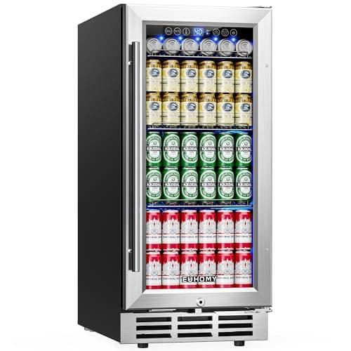 EUHOMY 15 Inch Beverage Refrigerator Cooler Under Counter 127 Cans Beverage Fridge Built-in or Freestanding with Glass Door, LED Light, Beer Fridge for Soda, Water, Wine - Home Kitchen Bar.