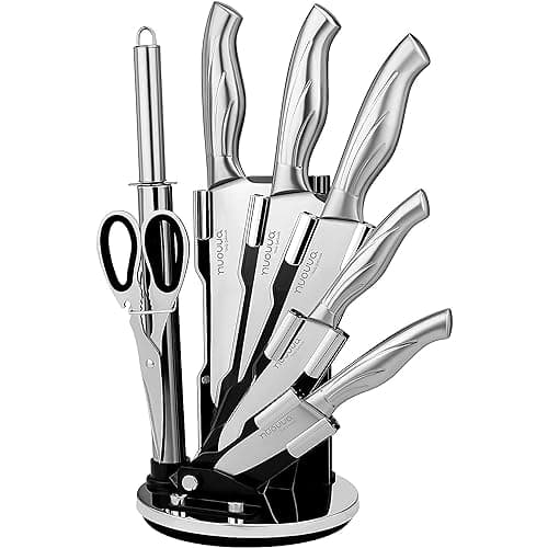 Kitchen Knife Set with Rotating Stand - Sharp Stainless Steel Knives Set - 360 Degree Rotating Block - by Nuovva
