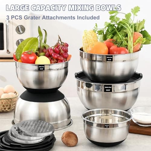 Umite Chef Mixing Bowls with Airtight Lids, 8PCS Stainless Steel Nesting Mixing Bowls Set, 3 Grater Attachments & Non-Slip Bottoms, Black Kitchen Bowls, Size 5, 4, 3.5, 2, 1.5QT for Baking & Serving 5