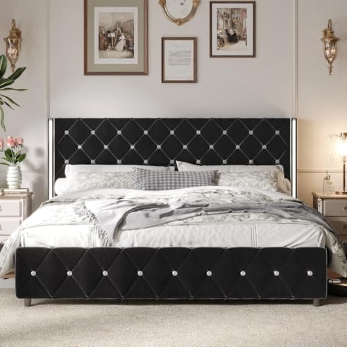 HOMBCK King Size Bed Frame Black, Velvet Upholstered Bed Frame King with Diamonds Tufted Headboard and Footboard, Wooden Slats Support, No Box Spring Needed, Easy Assembly, Black 7