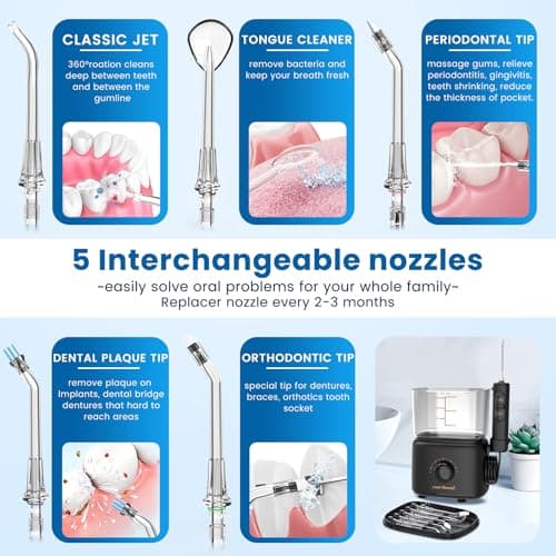 Water Flosser Oral Irrigator for Teeth: Electric Countertop for Dental Health and Cleaning 600ML Professional Water Teeth Cleaner with 10 Modes and 5 Nozzles for Family 7