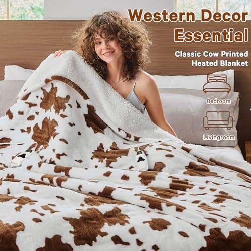 RUJIPO Cow Print Heated Electric Blanket Twin Size,62X84 Brown Heating Blanket with 10 Heats Levels & 8 Hours Auto Off,Highland Cow Fleece Sherpa Blankets Warmer Gifts for Women Adults Couch,Washable 5
