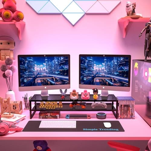 Simple Trending 2 Tier Metal Dual Monitor Stand Riser,Computer Office Desktop Organizer for 2 Monitors With 32"x10" Mouse Pad ,for Laptop,Printer,TV,Black 7