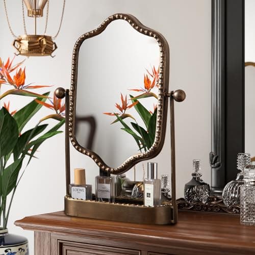 HuiDao Vintage Tabletop Makeup Mirror with Tray, Metal Antique Decorative Mirror with Stand, 360°Swivel Retro Desktop Dressing Mirror Countertop, Bedroom,Bathroom, Living Room 6