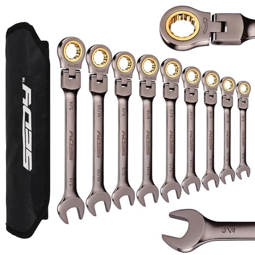 9-Piece SAE Flex-Head Ratcheting Combination Wrench Set - Premium 72-Teeth Gear Chrome Vanadium Nickel Plated with Organizer Bag