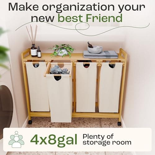 AMBIAVO Laundry Sorter with 4 Sections beige, Hamper with Removable Cotton Bags & Wheels – Perfect Laundry Organizer - Eco-Friendly Rolling Laundry Basket – Durable Bamboo and Stylish Design 6