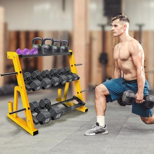 "Kipika Heavy Duty 3 Tier Dumbbell Rack Multifunctional, Weight Rack for Dumbbells, Home Gym Equipment, Suitable for Storage of Dumbbell, Kettle Bell, Barbell Plate, Barbell Bar, Yellow/Black" 6