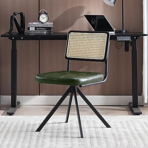 Zesthouse Rattan Desk Chair No Wheels, Mid Century Modern Home Office Chair with Cane Mesh & Wooden Back, Vintage Faux Leather Swivel Accent Chair, Upholstered Armless Computer Task Chair,Green