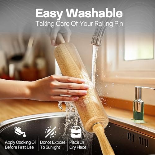 Wooden Rolling Pin 17.6 Inch with Rotating Ergonomic Handles – Classic Beech Wood Dough Roller for Baking Pizza, Pastry, Bread, and Cookies 5