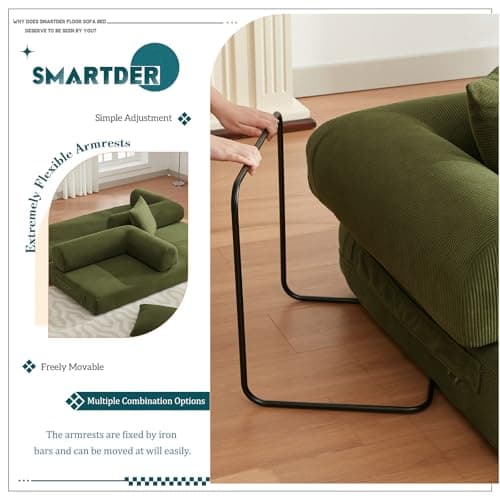 SmartDer Convertible Folding Sofa Bed, Modular Floor Sofa with Removable Backrest, 3-Seater Fold Out Couch Bed with Pillows, King Size Futon Lazy Couch Corduroy Sleeper for Living Room, Dorm, Green 7