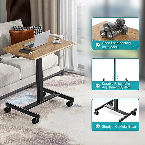 DUMOS Small Standing Desk Mobile Portable Rolling Laptop PC Table on Wheels Adjustable Height Computer Workstation for Home Office, 19 Inch, Modern Brown 6