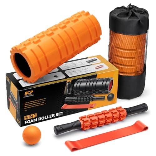 SUBCULTUREPICK 5-in-1 Foam Roller Set for Deep Tissue Muscle Massage, Trigger Point Fitness Tool with Muscle Stick Roller, Massage Ball, Stretching Strap for Whole Body (Orange-New) 8