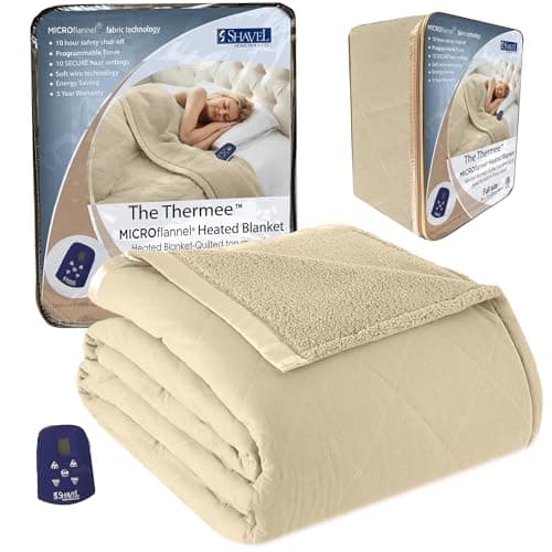Thermee Micro Flannel Heated Blanket With Sherpa Back, 10-Setting Electric Full Size, Programmable, Ultra-Soft Throw, Fast Heating Thermal - Tan