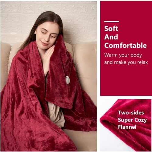 Tefici Electric Heated Blanket Throw, Super Cozy Soft 2-Layer Flannel 50" x 60" Heated Throw with 3 Heating Levels & 4 Hours Auto Off, Machine Washable, ETL&FCC Certified, Home Office Use, Red 5
