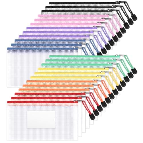 Sooez 24 Pack Mesh Zipper Pouch Bags with Label Pocket, A6 (9.1×4.7 in) Small Pencil Case Pouch for Organizing, Clear Plastic Pencil Pouches Bulk for School Supplies Storage, Money Envelopes for Cash