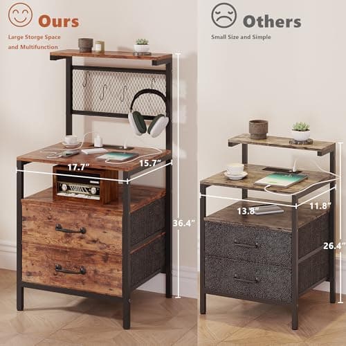 TRIFEBLE Tall Nightstand Set of 2 with Charging Station and LED Lights, Night Stand with Fabric Drawers, Bedside Table 36.4 Inch with Storage Shelves, Side Table, Mesh Shelves with Hooks, Rustic Brown 3