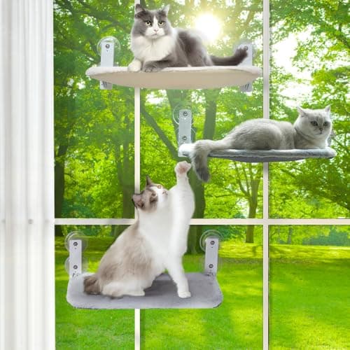 keny Cordless Cat Window Perch, Foldable Cat Window Hammock with 4 Suction Cups, Reversible Cover with Two Different Kinds of Fabrics, 40Lbs Load Capacity Sturdy Cat Window Bed for Cats Inside, Grey 8