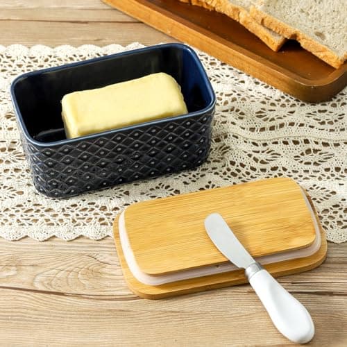 Tikooere Ceramic Butter Dish with Lid,Large Butter Container with Airtight Cover for Countertop or refrigerator,Farmhouse Butter Holder for Kitchen Gifts,Dishwasher Safe,Navy Blue Embossed Pattern 7