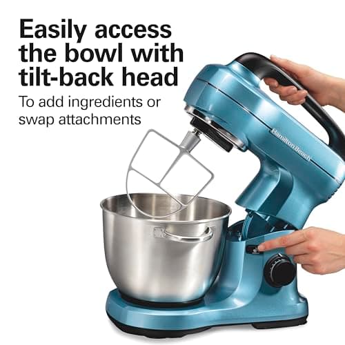 Hamilton Beach Electric Stand Mixer, 4 Quarts, Dough Hook, Flat Beater Attachments, Splash Guard, 7 Speeds with Whisk, Easy-Carry Top Handle, Blue 7