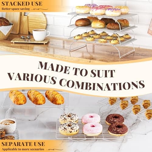 Cooling Racks for Cooking and Baking - 3 Tier Stackable Grid Wire Baking Rack for Oven Cooking, Baking, Grilling, Roasting - Dishwasher Safe Bacon Rack - Silver 7