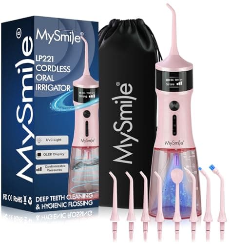 MySmile LP221 Cordless Water Flossers for Teeth with UVC Light Sanitizer and OLED Display, 335ML 4 Modes Water Teeth Cleaner Picks for Teeth Cleaning and Water Flossing (Juicy Pink)
