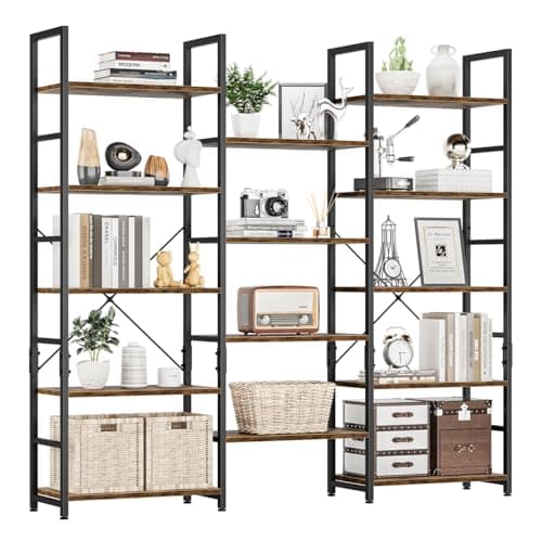 NUMENN Triple Wide 5 Tier Bookshelf, Rustic Industrial Style Bookcases with 14 Open Display Shelves, Modern Tall Bookcase Furniture for Bedroom, Living Room and Home Office, Vintage