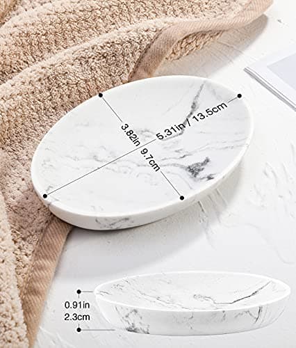 Luxspire Soap Dish, Resin Soap Tray Soap Holder Container Box, Marble Pattern Oval Soap Plate Case, Sponge Dish Scrubbers Tray Holder for Bathroom Vanity Shower Kitchen Sink Counter Top, Gravel White 6