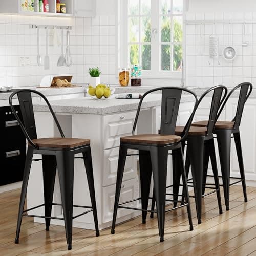 Yongqiang 26 inch Bar Stools Set of 4, Black Counter Height Barstools with High Back Modern Farmhouse Kitchen Metal Bar Chairs with Large Wooden Seat