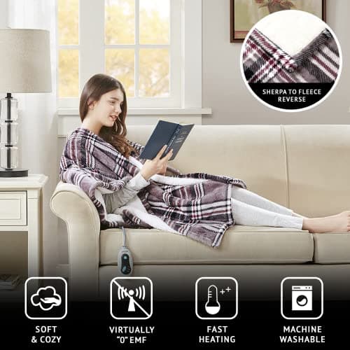 Beautyrest Wearable Electric Poncho Wrap Blanket, Ultra Soft Sherpa & Berber Fleece Heated Throw, UL Certified & Oeko-TEX, 3 Heat Settings & 2 Hour Auto Shutoff, Gift-Ready, 50" x 64", Grey Plaid 6
