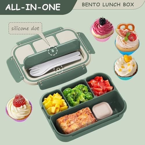 QQKO Bento Box Adult Lunch Box, Bento Box for Kids, 1200 ML Lunch Containers for Adults, Food Storage Container With 4 Compartments, Leak-Proof, Microwave, Dishwasher Safe, Green 5