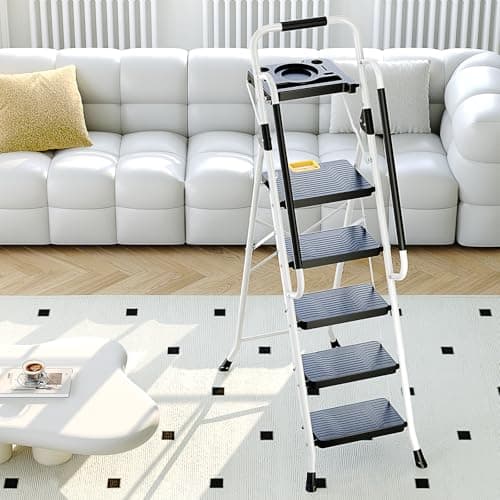 KINGRACK Folding 5-Step Ladder, 800 lbs Capacity Step Stool with Safety Lock, Tool Tray, Non-Skid Wide Steps, Handrail, Household Folding Ladder for Home, Garden, Painting, Outdoor, and Garage, White 8