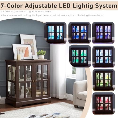 CKEASEAN 32" H LED Accent Curio Cabinet with 7 Color Lights for Collectibles, Modern Storage Cabinet with Tempered Glass Doors, Sideboard Buffet Case with Smartphone-Controlled Lights (Dark Cherry) 8