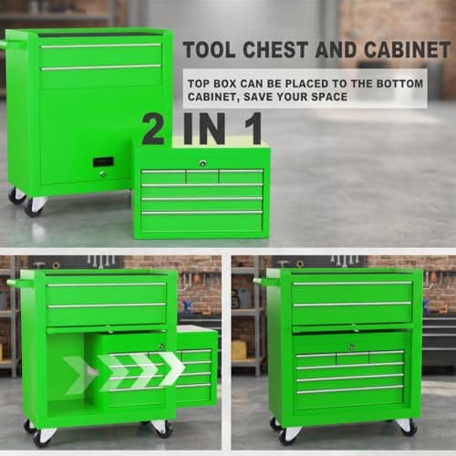 Dawmilon Tool Chest, 8-Drawer Rolling Tool Storage Cabinet with Wheels, Detachable Top Tool Box, and Locking Mechanism, Metal Barber Tool Cart with Liner and 6 Hooks for Garage, Workshop, Green 5