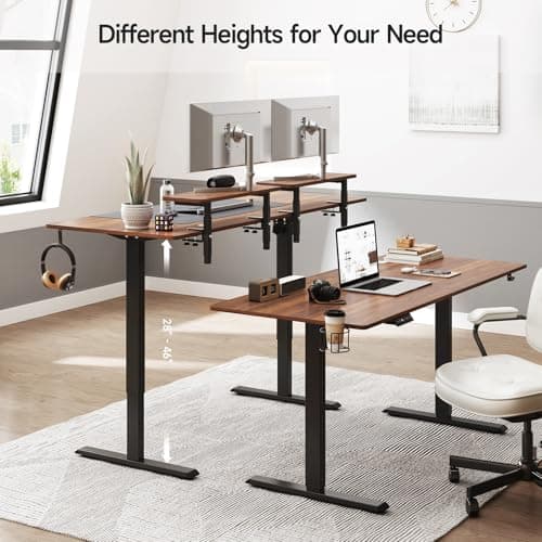 ONBRILL Standing Desk with 2 Adjustable Monitor Shelves, 63 x 24 Inches Electric Stand Up Desk with Memory Controller and Adjustable Height from 28-46 inches for Computer Workstations, Walnut 6