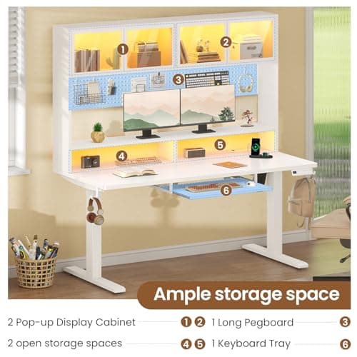 SEDETA Electric Standing Desk with Storage, Height Adjustable Gaming Desk with Hutch and Pegboard, Sit Stand Up Desk with Led Lights, Power Outlet, Monitor Shelf, Keyboard Tray for Home Office, White 5