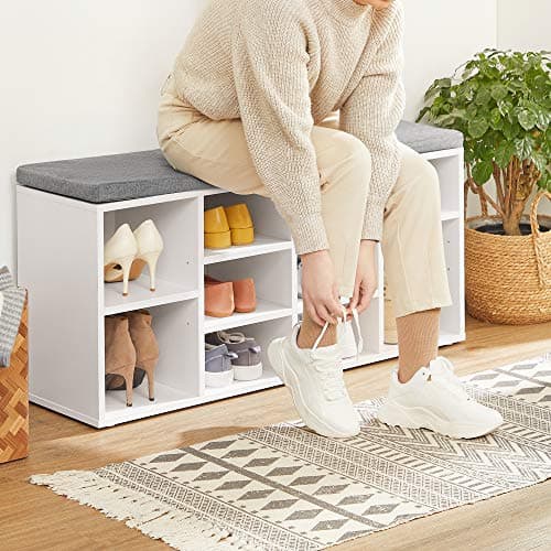 VASAGLE CUSTOS Collection - Shoe Bench, Storage Bench with Padded Seat, Entryway Bench with 10 Compartments, for Bedroom, 11.8 x 40.9 x 18.9 Inches, Cloud White and Dove Gray ULHS010W01 6