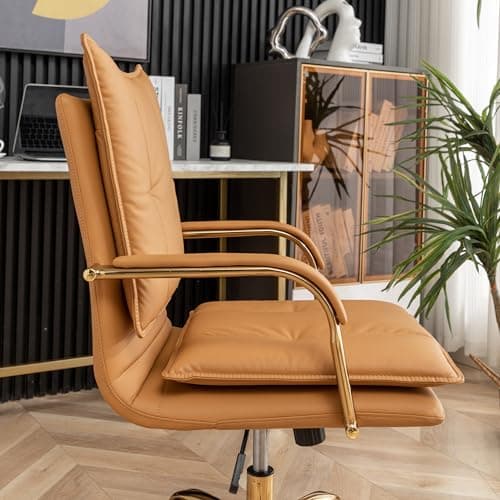 DRKAT Leather Home Office Desk Chairs Comfy Office Chair, Mid-Back Adjustable Swivel Computer Chair with Golden Legs and Arms, Modern Upholstered Task Chair with Wheels, Camel 8