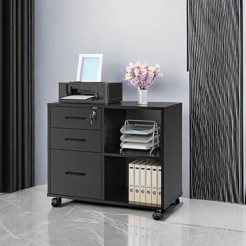 Panana 3 Drawer Office File Cabinets, Mobile Lateral Printer Stand with Open Storage Shelf, Rolling Filing Cabinet with Wheels Home Office Organization and Storage (Black) 6