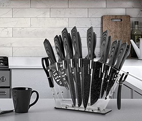 Dockorio all in one Kitchen Knife Set with Block, 19 PCS High Carbon Stainless Steel Sharp Serrated Steak Knives Set, Chef Knives, Bread Knife, Scissor, Sharpener, 7