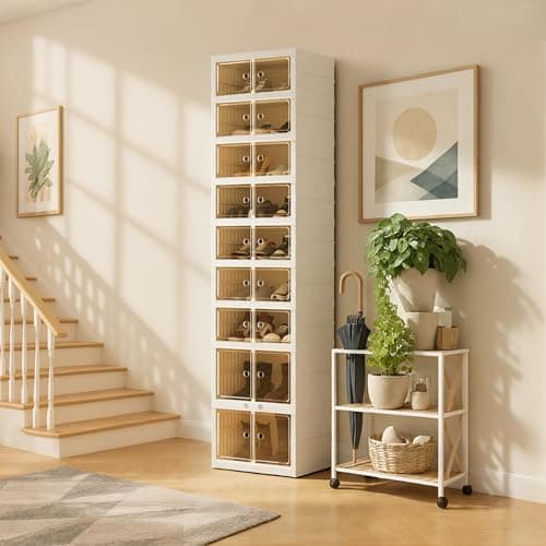 Tykacna Foldable Shoe Organizer Storage Box, Portable Extra Large Folding Shoe Rack for Closet, Shoe Storage Box with Magnetic Transparent Door and Wheels, 9 Layers 18 Grids with 4 Big Grids